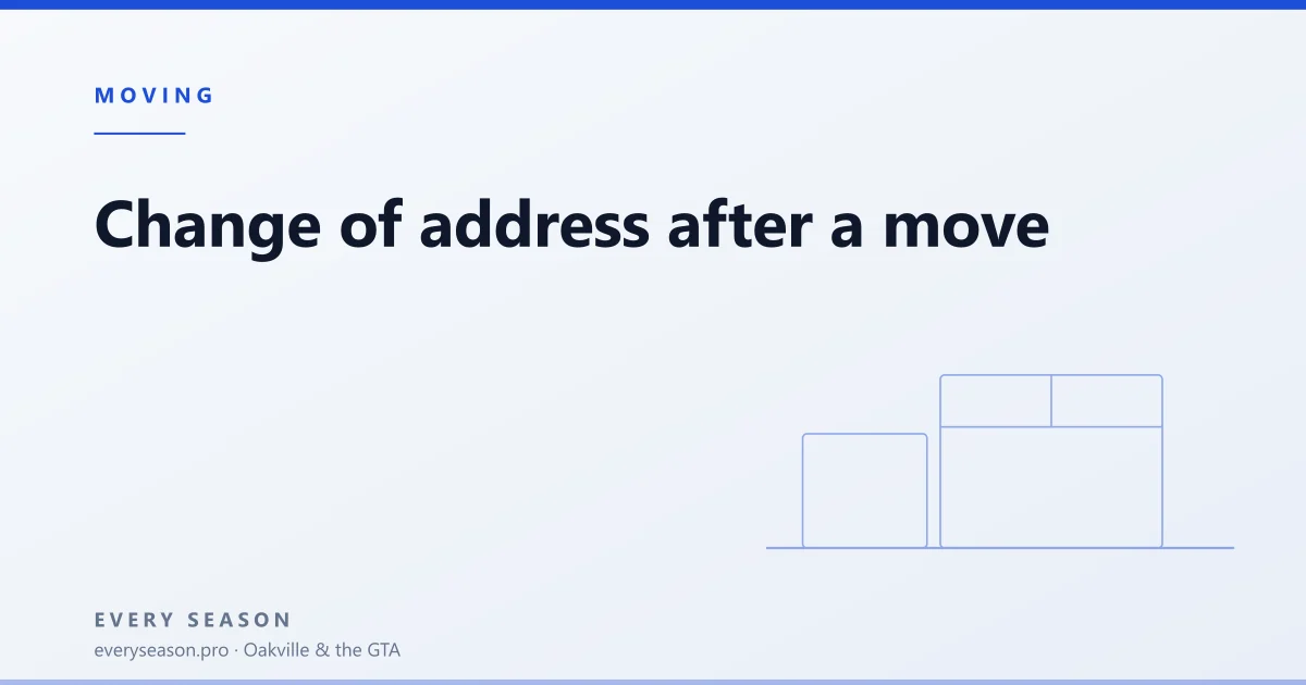 Editorial banner reading 'Change of address after a move' with a line-drawn moving box motif on a light background