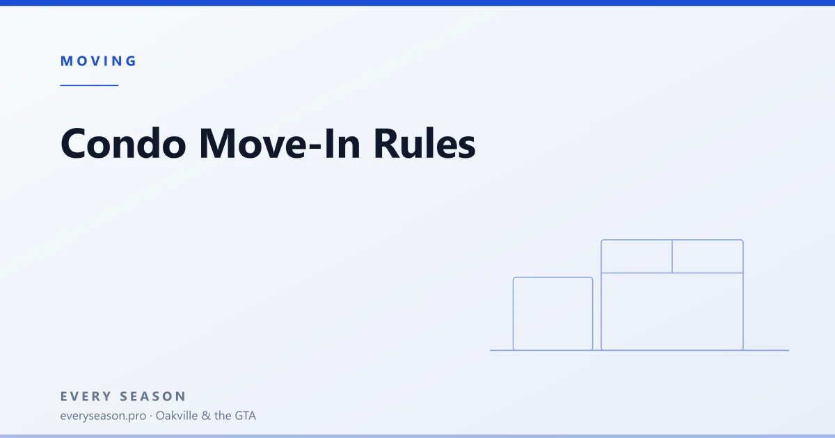 Light editorial banner reading Condo Move-In Rules with a moving-box motif