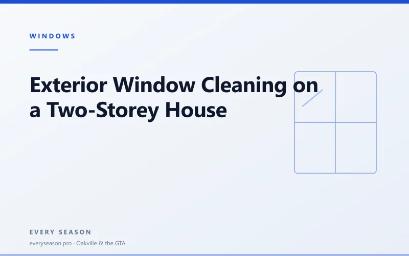 Editorial banner reading 'Exterior Window Cleaning on a Two-Storey House' with a line-drawn window motif