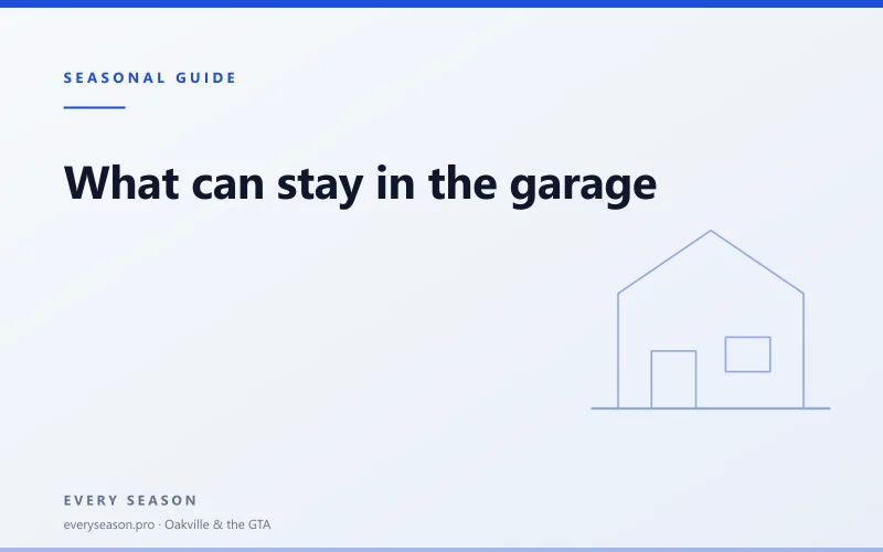 Light editorial banner reading What can stay in the garage over winter, with a house motif