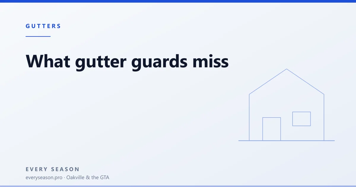 Editorial banner headed GUTTERS, reading 'What gutter guards miss', with a line-drawn house on a pale blue background
