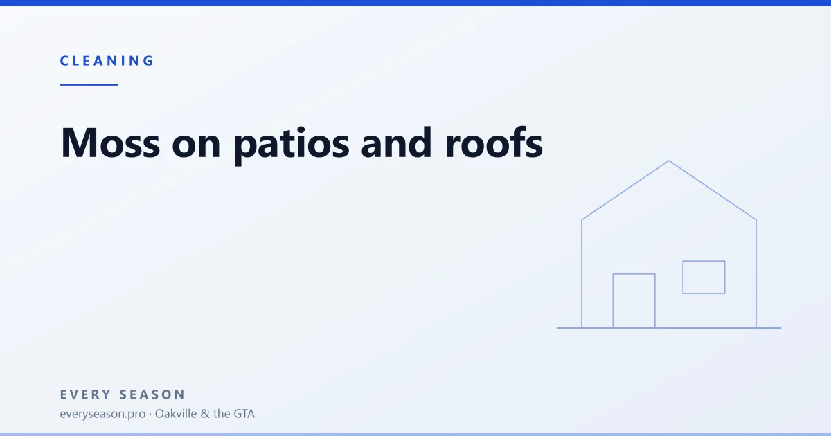 Light editorial banner reading Moss on patios and roofs, with a house motif