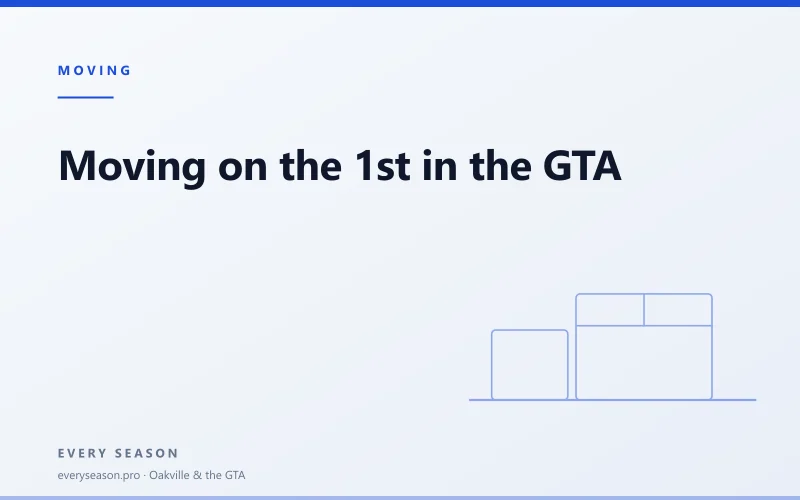 Editorial banner reading 'Moving on the 1st: elevators, trucks and parking' with a line-drawn moving box motif