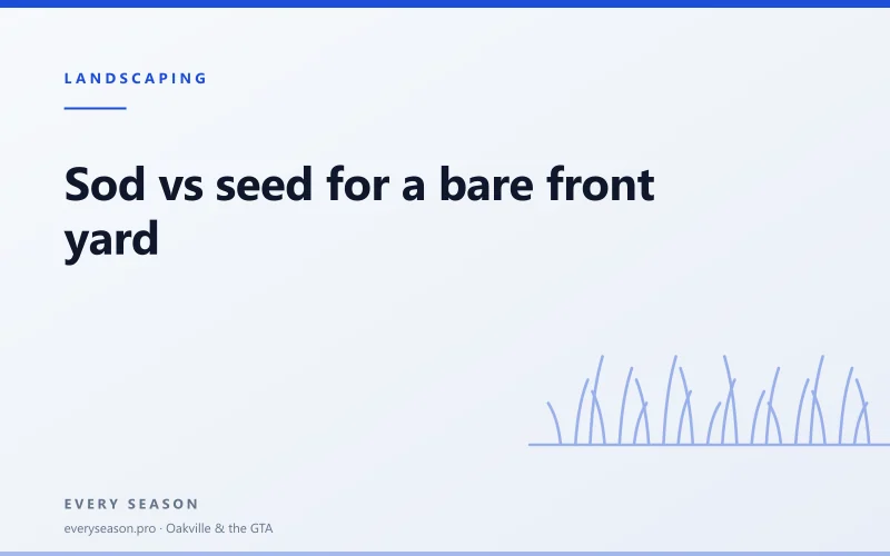 Editorial banner reading 'Sod vs seed for a bare front yard' with a line-drawn lawn motif